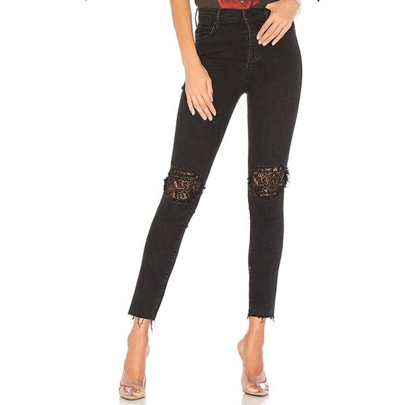 MOTHER Denim - Mother Denim The Super Stunner Ankle Fray High Rise Skinny Jeans Black Size 25